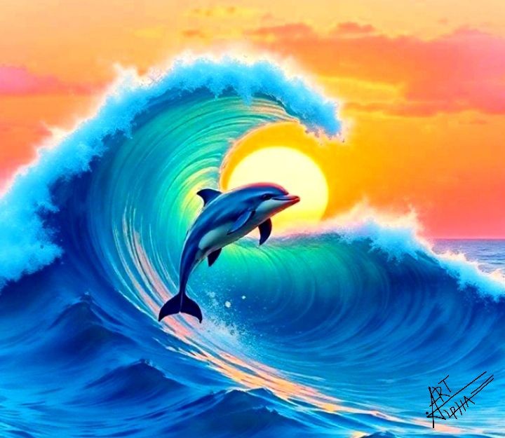The image depicts a vibrant, artistic scene of a dolphin leaping out of a curling ocean wave. The wave is a striking blend of blue and green hues, with white foam at the crest, set against a warm, colorful sunset sky in shades of orange and pink. The sun is partially visible, aligning with the dolphin's leap, creating a harmonious and dynamic composition. The artwork is signed with "ART ALPHA" in the bottom right corner.