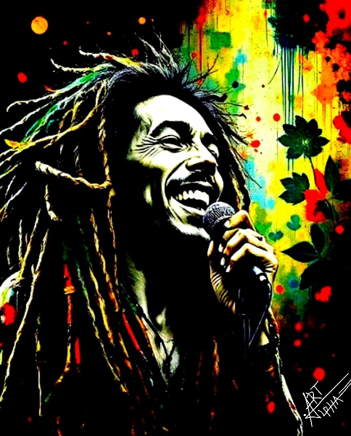 The image depicts an artistic portrait of Bob Marley, the international reggae icon. In the illustration, he is depicted singing with a big smile, holding a microphone in his hand. His face expresses joy and passion for music.
The entire portrait is stylized, with marked contrasts and an almost painting or graffiti effect, underlining the energy and legendary spirit of Bob Marley. A signature ".ART ALPHA" appears at the bottom right, indicating the artist behind this work.