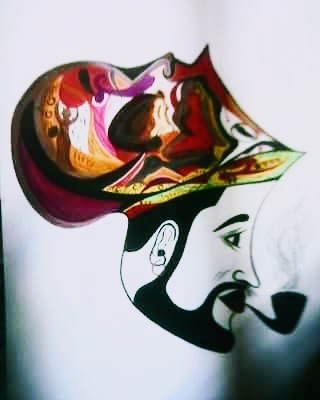 This image is an artistic illustration that combines abstract and figurative elements. It depicts the profile of a man with a beard and a pipe, but the upper portion of his head transitions into a colorful, surreal design. The abstract section features vibrant hues like red, orange, yellow, and pink, with swirling patterns that resemble faces, figures, or scenes. The interplay of realistic portraiture with abstract art creates a visually striking composition that invites interpretation and imagination.