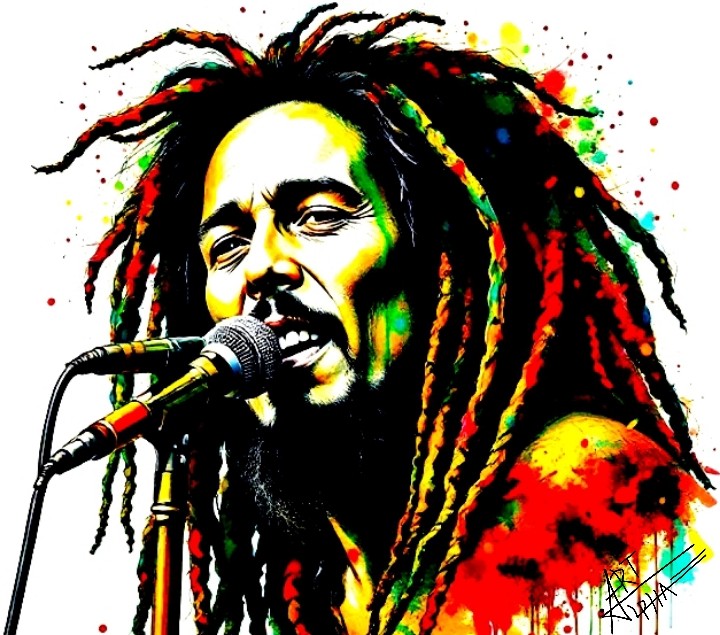 Bob Marley, an emblematic figure of Jamaican reggae. He is shown singing into a microphone, with an expressive expression on his face. His long dreadlocks are highlighted with bright colors — red, yellow, green, and black — reminiscent of the colors of the Rastafari flag.
Her facial features are accentuated by contrasting shadows and lights, and the background is dotted with bright spots of paint, giving a sense of vibrancy and vitality. The whole evokes the music, culture and energy characteristic of Bob Marley and the reggae movement.
the distinctive image that is different from the other usual illustrations of this reggae icon.