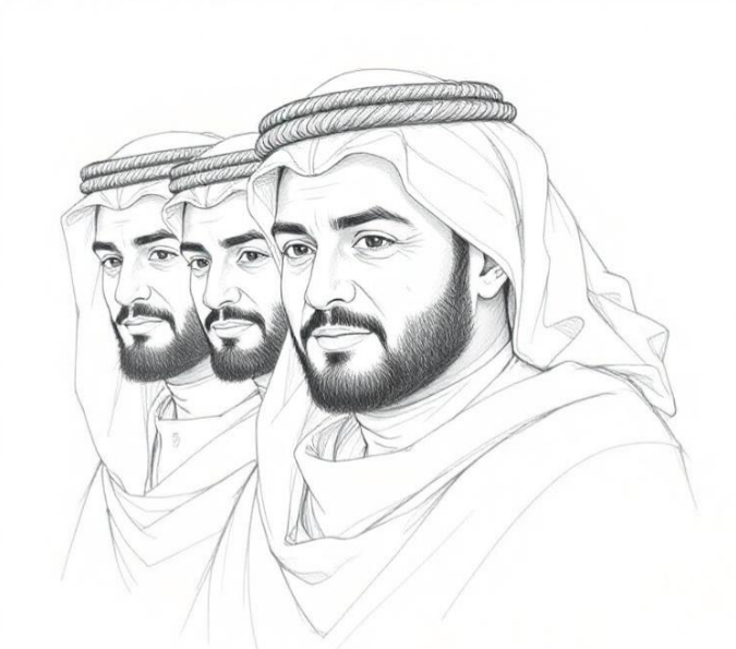 Alphartcoin's work is a highly detailed pencil drawing depicting three Arab men wearing the traditional attire: the keffiyeh (or ghutra), secured by an agal, and loose clothing. The faces are rich in detail, including looks, well-drawn beards, and facial features, which gives a sense of depth and realism despite the simplicity of the medium.