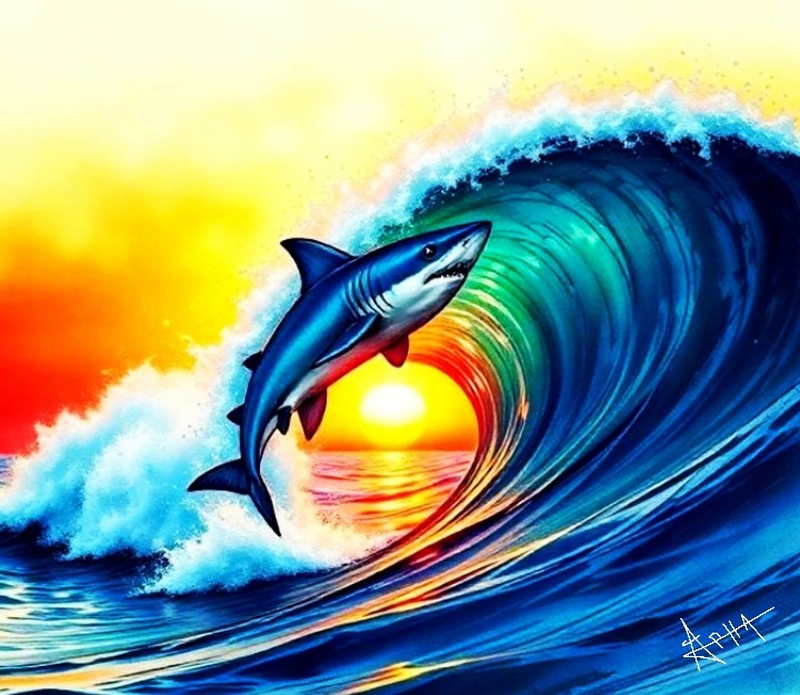 A vibrant, surreal piece of art depicts a dynamic ocean scene at sunset. A powerful great shark leaps out of a crashing wave, its body tilted as if surfing on the ridge. The wave is beautifully detailed, with shades of deep blue and turquoise, and it arches dramatically towards the viewer. Behind the wave, the sun sets, casting a warm golden and orange glow on the sky and reflecting off the water.
