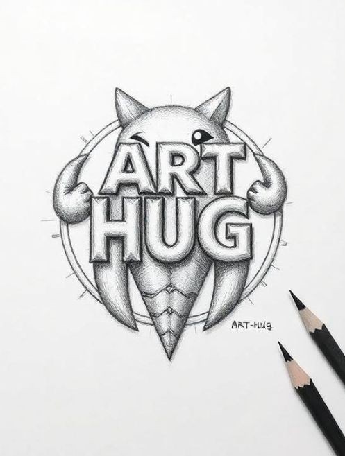 The image shows a pencil drawing of a stylized, cute-looking, round creature with two large pointed ears and open arms, as if to offer a hug. The creature's body forms a circle around which the text is written in thick capital letters: "ART HUG". The word "ART" is placed above the word "HUG," and the creature's arms appear to be intertwining the words. An eye of the creature is drawn in the blink of an eye, which gives a jovial and sympathetic expression