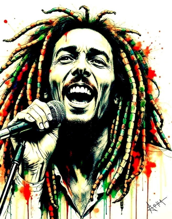 The image is a vibrant and colorful artistic illustration of Bob Marley. It shows a stylized portrait of him singing, holding a microphone near his mouth. Her dreadlocks are highlighted with pops of bright colors, mainly shades of green, red, orange, and yellow.
Bob Marley's face is depicted with marked and expressive features, displaying a wide smile that exudes joy and passion. 
This work of art captures the spirit and energy of the legendary reggae musician.