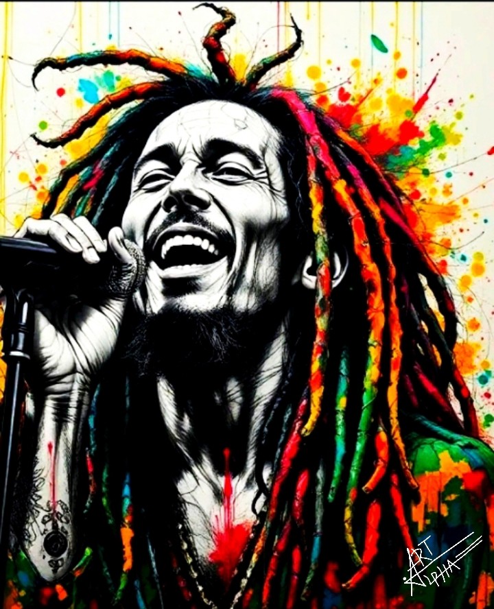 The image features an artistic illustration inspired by Bob Marley. It shows a person with long dreadlocks colored in red, yellow, green and orange, reminiscent of the iconic Rastafarian colors that Bob Marley often wore.

The background is splattered with bright paint flecks that add a dynamic and vibrant effect to the work. The person holds a microphone, highlighting his identity as a singer. On the left forearm, we can see tattoos. The signature "ART Alpha" is visible at the bottom right of the image, indicating the artist of the creation. The ensemble evokes the legendary energy, passion for music and cultural heritage of the famous Jamaican musician.