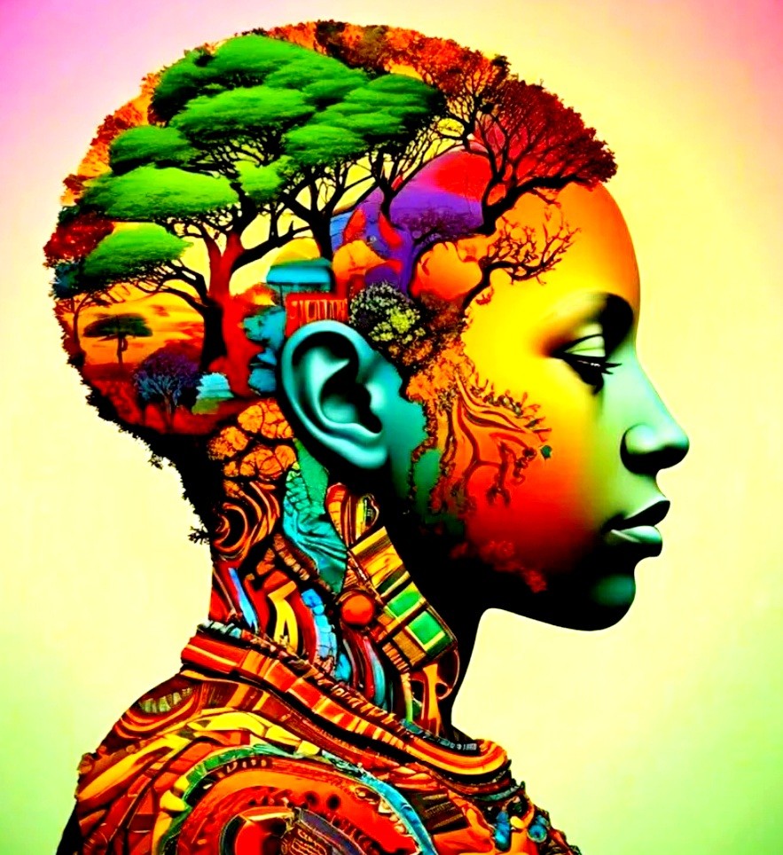 This artwork by Alphartcoin depicts a human figure whose head and neck merge with natural and tribal elements in a very colorful and vibrant style. 
The hair is reinterpreted as a lush forest, composed of large green and orange trees, suggesting a deep connection between humans and nature. 
This creation highlights the idea of symbiosis and harmony between human beings, their cultural identity and nature.
It is a celebration of diversity as well as a message about the richness of the natural and human heritage