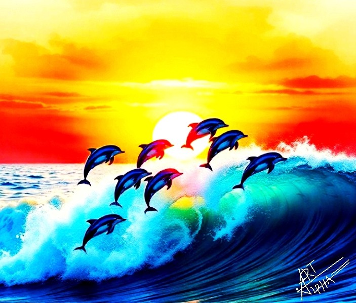 10 COLLECTION
The image shows an artistic and colorful scene depicting a pod of dolphins jumping out of the water on a wave, in the foreground of a spectacular sunset. The sky is vibrant, dominated by yellow, orange and red tones, while the sun, almost on the horizon, illuminates the sea with a golden light. The dolphins, eight in number, seem to be in full movement, forming a harmonious curve above the foaming wave. At the bottom right, an artistic signature is visible.