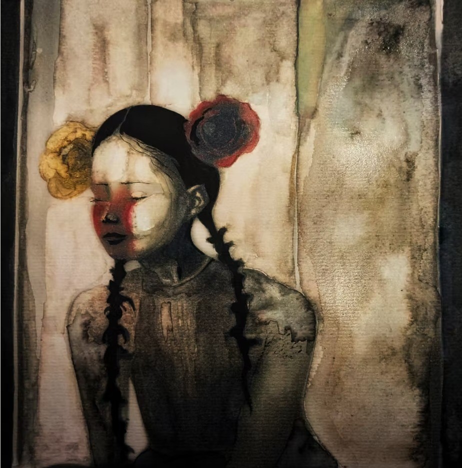 Size: 19 x 25 cm
Medium: Watercolor on Paper

This painting encapsulates the delicate balance between vulnerability and strength, embodied through the figure of a young girl adorned with vibrant flowers in her hair. The striking contrast of colors, especially the soft reds and yellows against muted, neutral tones, represents the inner conflict between the innocence of youth and the weight of the world around her. The flowers, with their bright hues, symbolize the fragile beauty that exists in the face of adversity and emotional struggle. They stand as metaphors for moments of hope, blooming in spaces of isolation and pain.

The girl’s closed eyes and serene posture evoke a sense of peaceful introspection, yet her expression hints at a quiet inner strength, as if she is both a part of and set apart from the world she inhabits. The play of light and shadow on her face reflects the complexities of human emotion—how we can look outwardly calm while, internally, we ar