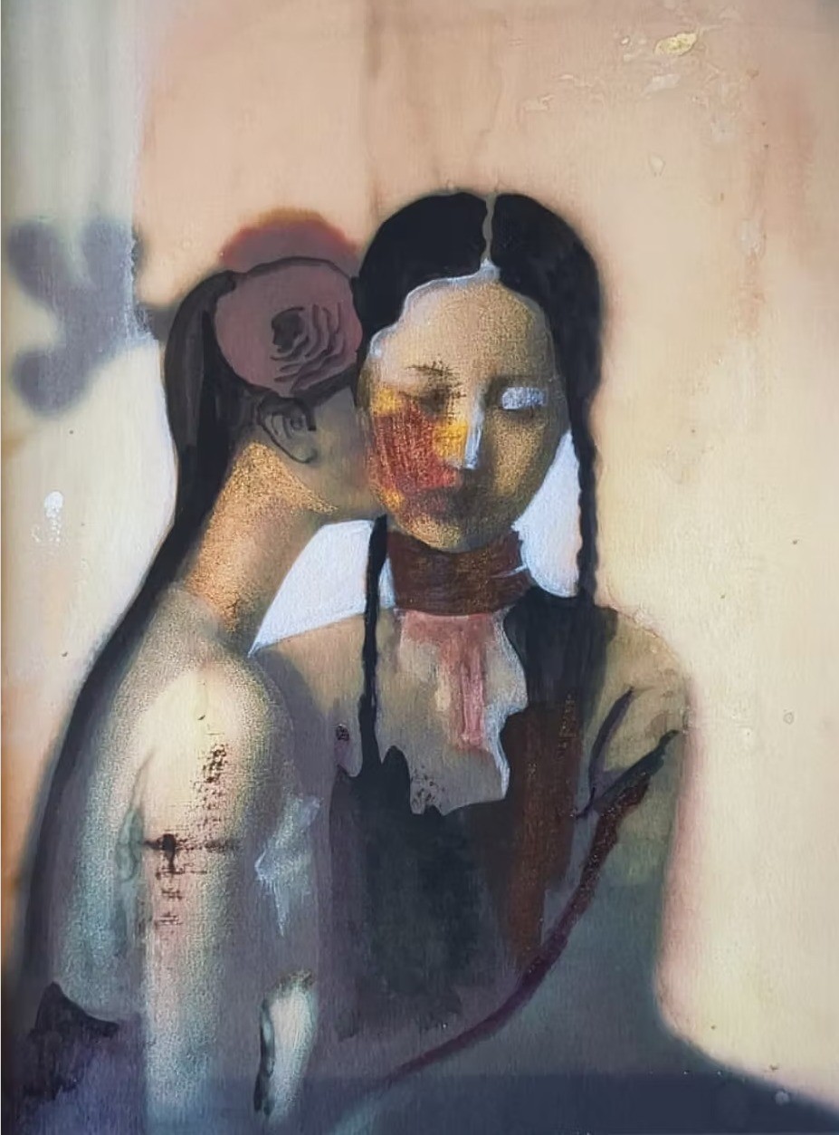 Medium: Watercolor on Paper
Size: 19 x 25 cm

This painting encapsulates the quiet tension between innocence and mystery. The young girl, her delicate figure adorned in a soft yellow dress, stands before a large, dark shape – a horse, its form slightly obscured. The contrast between the girl’s light presence and the shadowy figure of the horse reflects the interplay of strength and fragility that we often encounter in life’s journey. The fluidity of the watercolor brings a sense of softness and movement, creating an almost dreamlike quality that invites the viewer to explore the space between the known and the unknown.
The subtle colors convey a moment frozen in time – a quiet contemplation, filled with endless possibilities.

Inquire About This Artwork
Title: In the Presence of Silence
Medium: Watercolor on Paper
Size: 19 x 25 cm

Story:
This delicate watercolor painting portrays a moment of silent contemplation. The young girl, standing with her back to