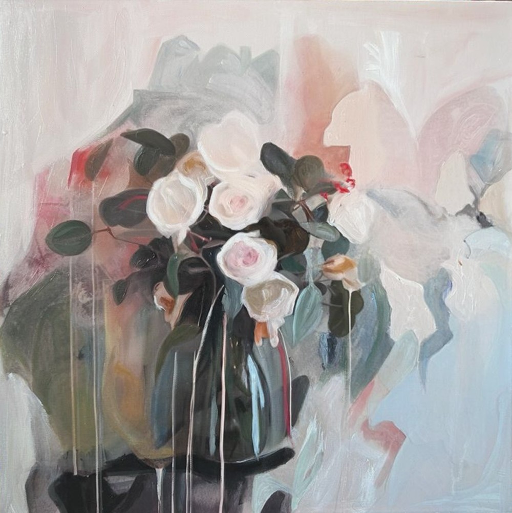 Medium: Oil and mixed media on canvas
Size: 60 × 60 cm
Year: 2024

A fleeting bouquet dissolves into soft pinks and abstract silhouettes.
The flowers appear both present and vanishing, like a memory caught between layers of emotion.
This piece speaks of tenderness, silence, and all that remains unspoken.