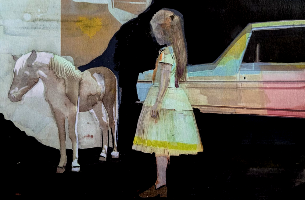 Medium: Watercolor on Paper
Size: 19 x 25 cm

Story:
This painting encapsulates the quiet tension between innocence and mystery. The young girl, her delicate figure adorned in a soft yellow dress, stands before a large, dark shape – a horse, its form slightly obscured. The contrast between the girl’s light presence and the shadowy figure of the horse reflects the interplay of strength and fragility that we often encounter in life’s journey. The fluidity of the watercolor brings a sense of softness and movement, creating an almost dreamlike quality that invites the viewer to explore the space between the known and the unknown.
The subtle colors convey a moment frozen in time – a quiet contemplation, filled with endless possibilities.

Inquire About This Artwork
Title: In the Presence of Silence
Medium: Watercolor on Paper
Size: 19 x 25 cm

Story:
This delicate watercolor painting portrays a moment of silent contemplation. The young girl, standing with her back to