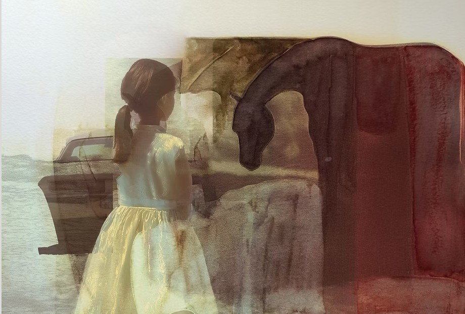 Medium: Watercolor on Paper
Size: 19 x 25 cm

Story:
This painting encapsulates the quiet tension between innocence and mystery. The young girl, her delicate figure adorned in a soft yellow dress, stands before a large, dark shape – a horse, its form slightly obscured. The contrast between the girl’s light presence and the shadowy figure of the horse reflects the interplay of strength and fragility that we often encounter in life’s journey. The fluidity of the watercolor brings a sense of softness and movement, creating an almost dreamlike quality that invites the viewer to explore the space between the known and the unknown.
The subtle colors convey a moment frozen in time – a quiet contemplation, filled with endless possibilities.