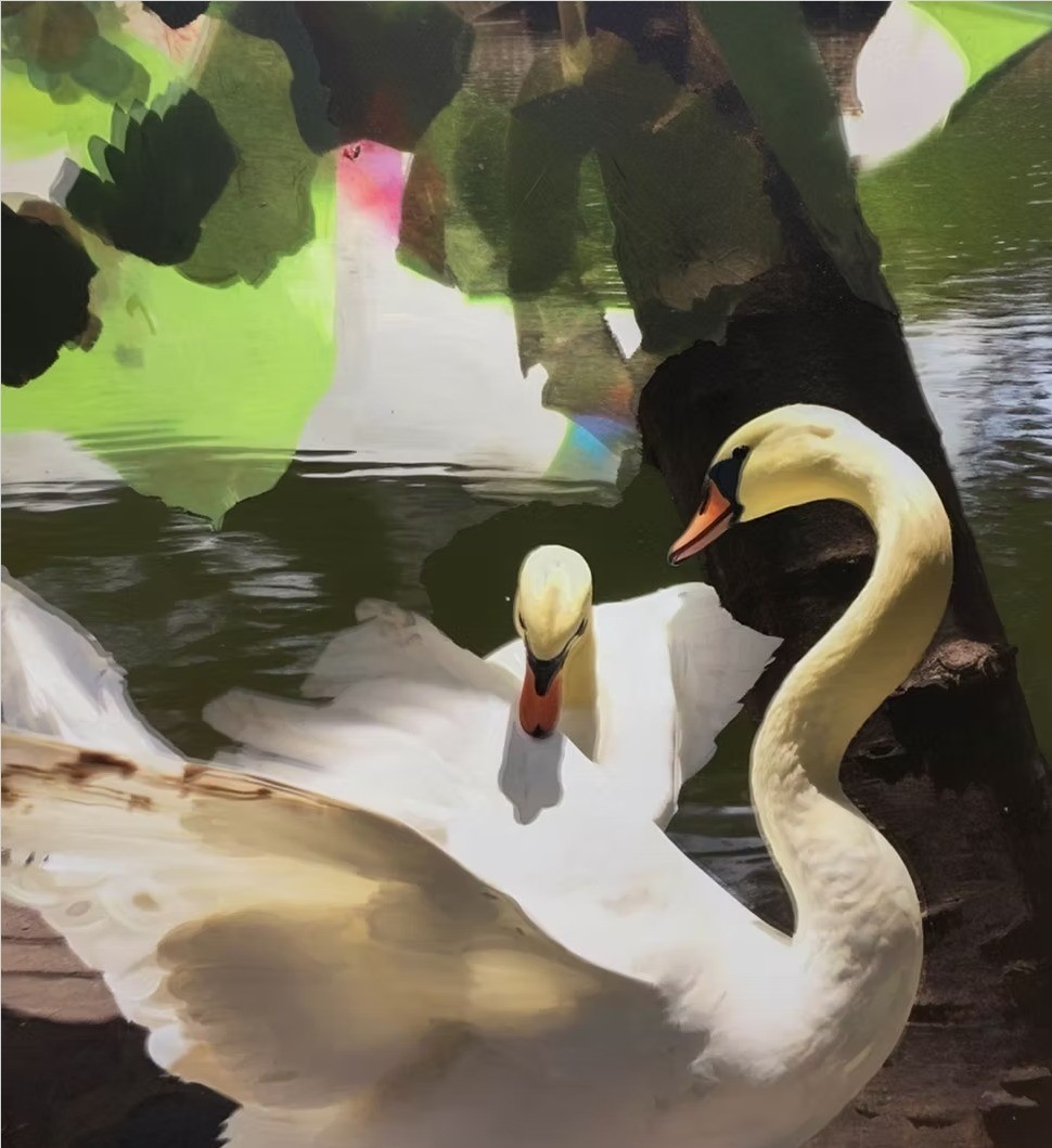 Medium: Oil on canvas
Size: 120 × 120 cm
Year: 2024


In a moment suspended between reflection and light, two swans glide across a dreamlike pond.
This painting explores grace, connection, and the silent language of presence. The composition merges the figurative with the poetic, blurring boundaries between nature and memory. Rich textures and soft abstraction invite the viewer to pause, breathe, and drift.
