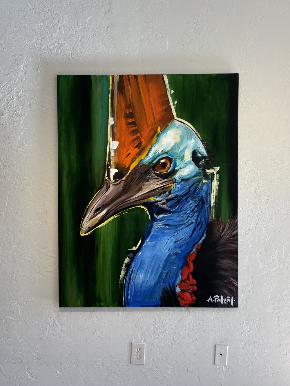 “The Cassowary’s Gaze” is a concentrated moment of encounter with the primal force of nature, where color and form convey the tense silence of the wild. The bird emerges as a symbol of dignity, inner focus, and an unbreakable presence.