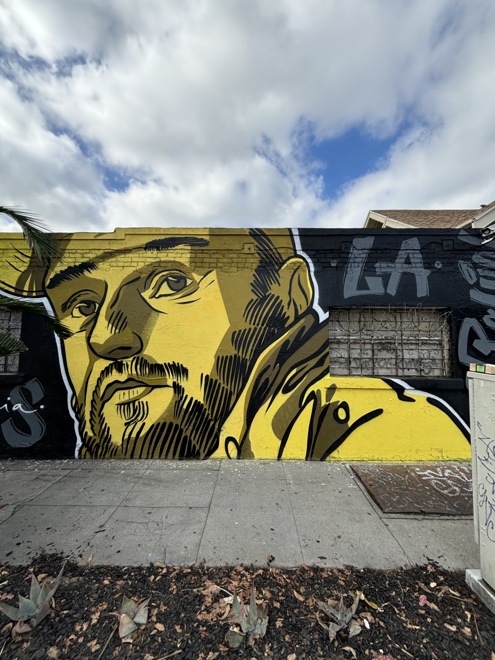 This mural was created in Los Angeles—a city of contrasts, where personal stories constantly intersect with collective mythologies. The work centers on a human figure rendered in a graphic, almost carved style, emphasizing the tension between light and shadow, visibility and anonymity.

Yellow dominates the composition as a symbol of light, energy, and inner strength, while black areas introduce a sense of pressure, doubt, and urban noise. The figure’s gaze is directed outward—toward the viewer and the surrounding street—transforming the wall into a point of dialogue between art and the city.

The project explores themes of identity within the immigrant and multicultural context of Los Angeles, questioning who we become in an ever-changing environment and how one preserves an authentic voice among many others. The mural functions as a visual marker of presence—personal, cultural, and artistic—within the public space of the city.