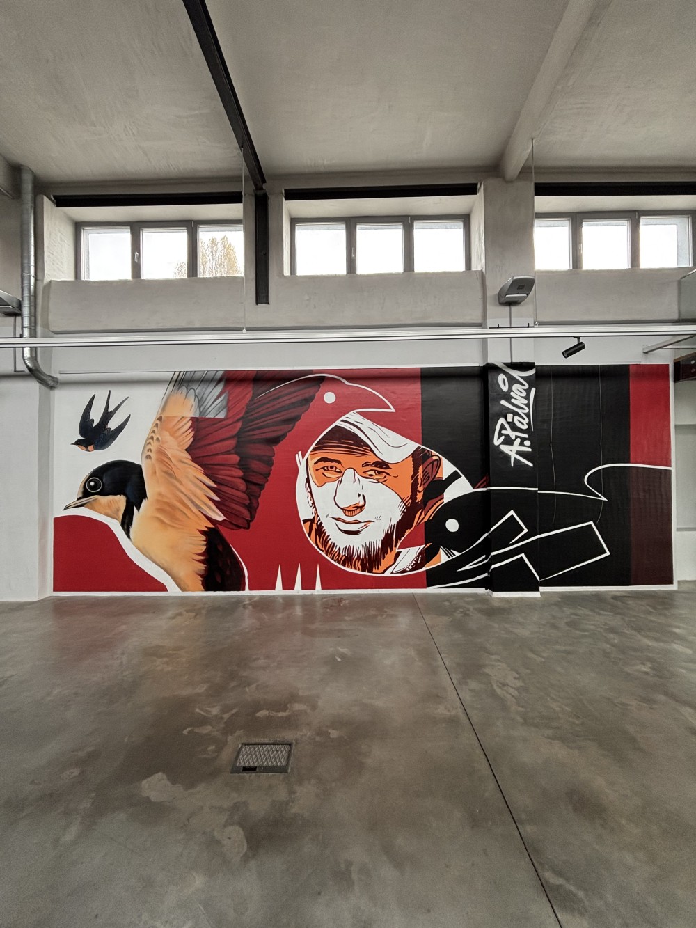 This mural was created as part of the UKUfest 2025 – Festival of Ukrainian Art in Estonia and presented at Art Depoo Gallery. The work is part of a series in which artist explores the idea of a visual code embedded in the sky itself—through birds, flight, and human faces.

The composition blends realistic and symbolic elements, creating a space for personal interpretation. Birds and the human figure function as signs of freedom, movement, and memory, opening a dialogue between individual experience and collective identity.

The swallow serves as a central metaphor for journey, return, and the connection between human and sky. The mural operates as a visual cipher, allowing each viewer to discover their own meaning related to home, passage, and inner freedom.

The work represents contemporary Ukrainian art within an international context and reflects a state of continuous transition between spaces, cultures, and layers of memory.