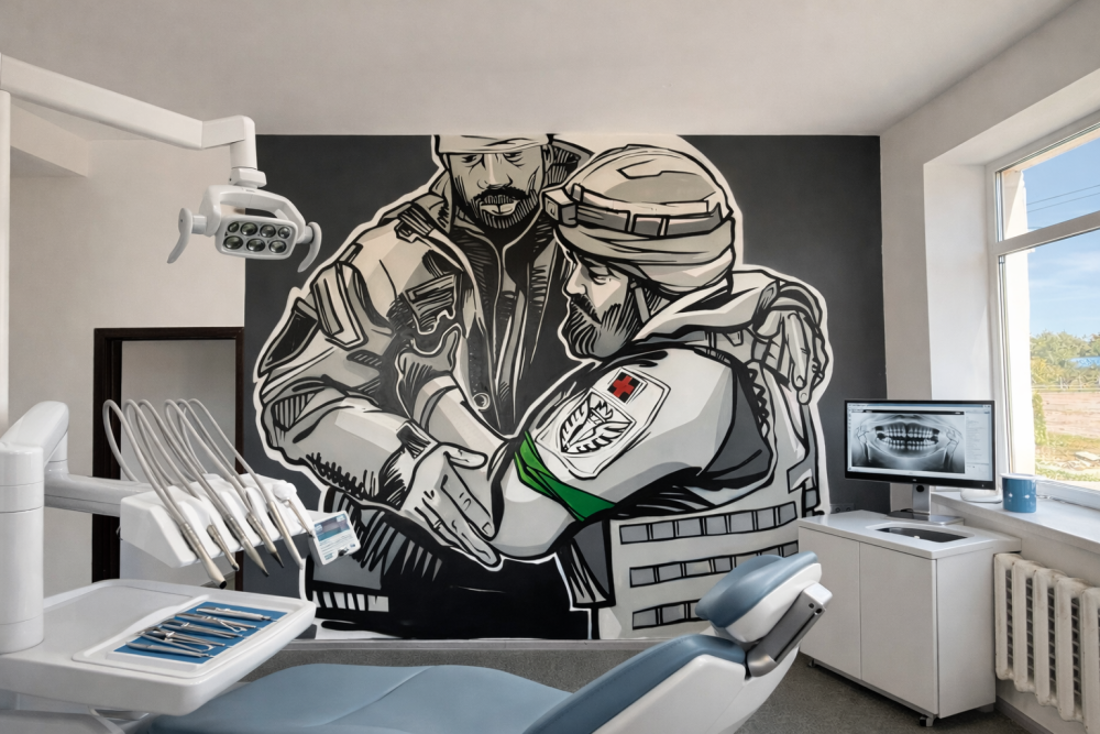 This mural was created in 2023 for a dental clinic located on the territory of the Air Assault Forces Training Center of the Armed Forces of Ukraine in the city of Khmelnytskyi.
The project was commissioned by the Dental Front initiative — a community of enthusiasts providing dental care to military personnel in training and frontline environments.

The central image does not depict combat, but rather a moment of human support and trust between comrades. The deliberately restrained black-and-white palette emphasizes the seriousness of the space while seamlessly integrating into the functional medical interior. The mural does not dominate the environment; instead, it coexists with it, shaping an atmosphere of focus, calm, and inner strength.

This work speaks about care as a form of defense, medicine as another front, and humanity that persists even within a military context.