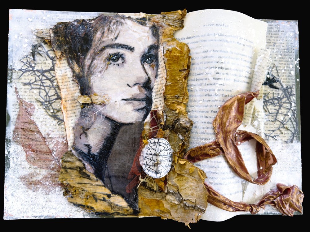 I Hear Your Whisper is a sculptural open book blending natural materials and encaustic techniques to explore memory and guidance. The left page features a birch bark canvas with a monochrome encaustic portrait, surrounded by layered torn paper and translucent textures that evoke the passage of time. On the right page, fragments of printed text peek through curled ribbons and textured papers, punctuated by a compass illustration symbolizing navigation and direction.

Incorporating dried, painted leaves and encaustic stamping of swallows as guiding spirits, the piece honors lasting impressions—those emotional, physical, and spiritual marks that endure beyond fading memories. Inspired by memories of my Nana Mary, and Melissa M Lackman’s legacy, the artwork reflects a journey toward finding one’s inner compass and the quiet strength given by mentorship and connection. Through its layered surfaces, it meditates on memory, exploration, and the ongoing dialogue between past and present.