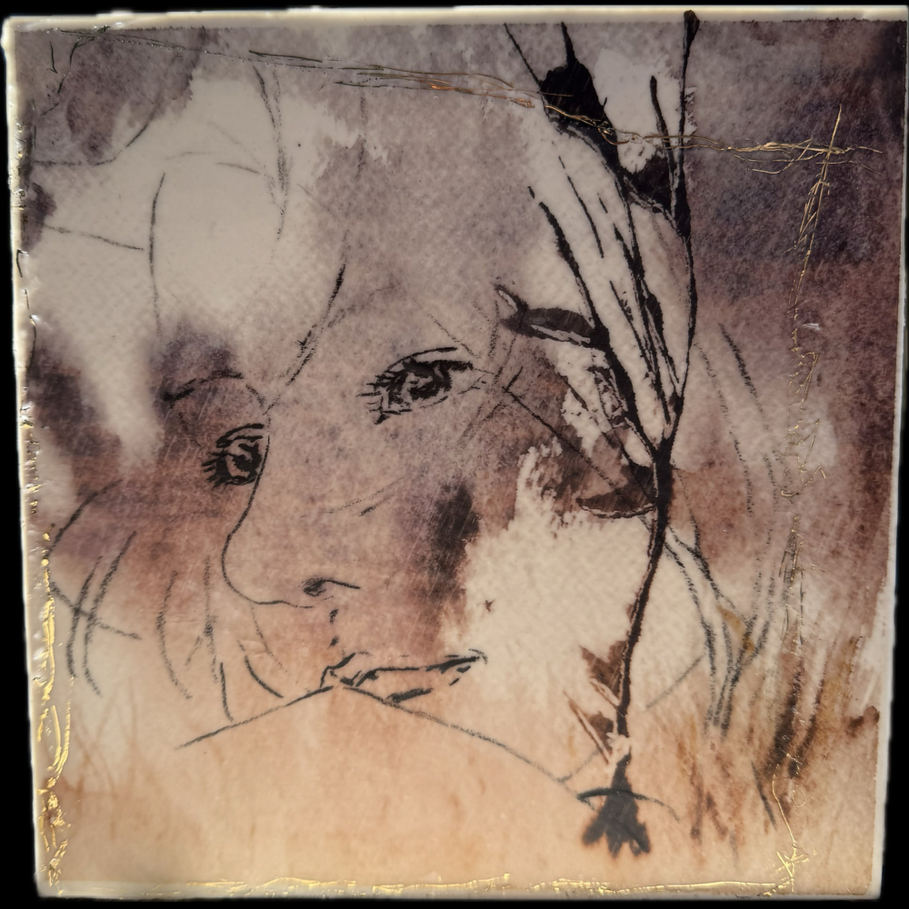Veil of Quiet Reverie emerged from a space between wakefulness and dreams—a place where the mind roams freely, unbound by definition. I wanted to capture that elusive stillness, the subtle tension of thought lingering just beneath the surface. Using charcoal’s delicate flow against a shifting watercolor haze held together in a softly textured coat of encaustic medium, I sketched a face that seems both present and distant, grounded by natural, grass-like strokes that root her in an untouched moment. Mounted on an 8x8 cradle board, this piece speaks to the mystery of introspection, inviting you to step into a quiet reverie where silence carries its own kind of weight.