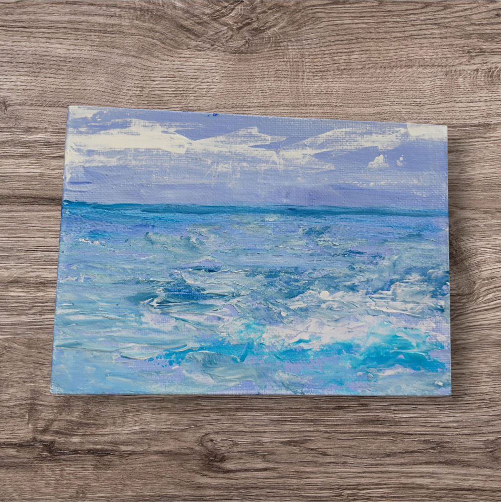 Medium: Acrylic on canvas board
Size: 13 × 18 cm / 5 × 7 in
Year: 2025
Description: A fluid abstraction in soft gradients of blue and turquoise. The layered brushwork captures a gentle oscillation of color and light, revealing the calm persistence of motion that unfolds like a slow breath on the surface of stillness.