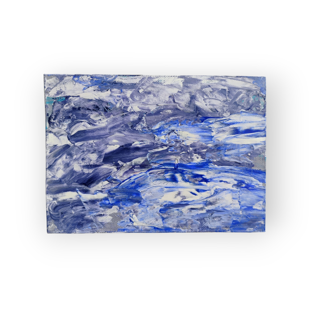 Size: 13 × 18 cm / 5 × 7 in
Year: 2025
Description:
An abstract study of movement and texture in shades of blue and white, exploring emotional rhythm and calm.