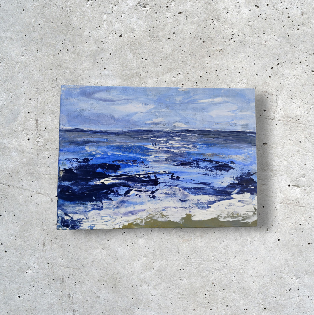 Medium: Acrylic on canvas board
Size: 13 × 18 cm / 5 × 7 in
Year: 2025
Description: A layered abstraction in shifting tones of blue and white. The surface unfolds like a visual rhythm — dense, fluid, and contemplative — where movement becomes texture and stillness turns into depth.