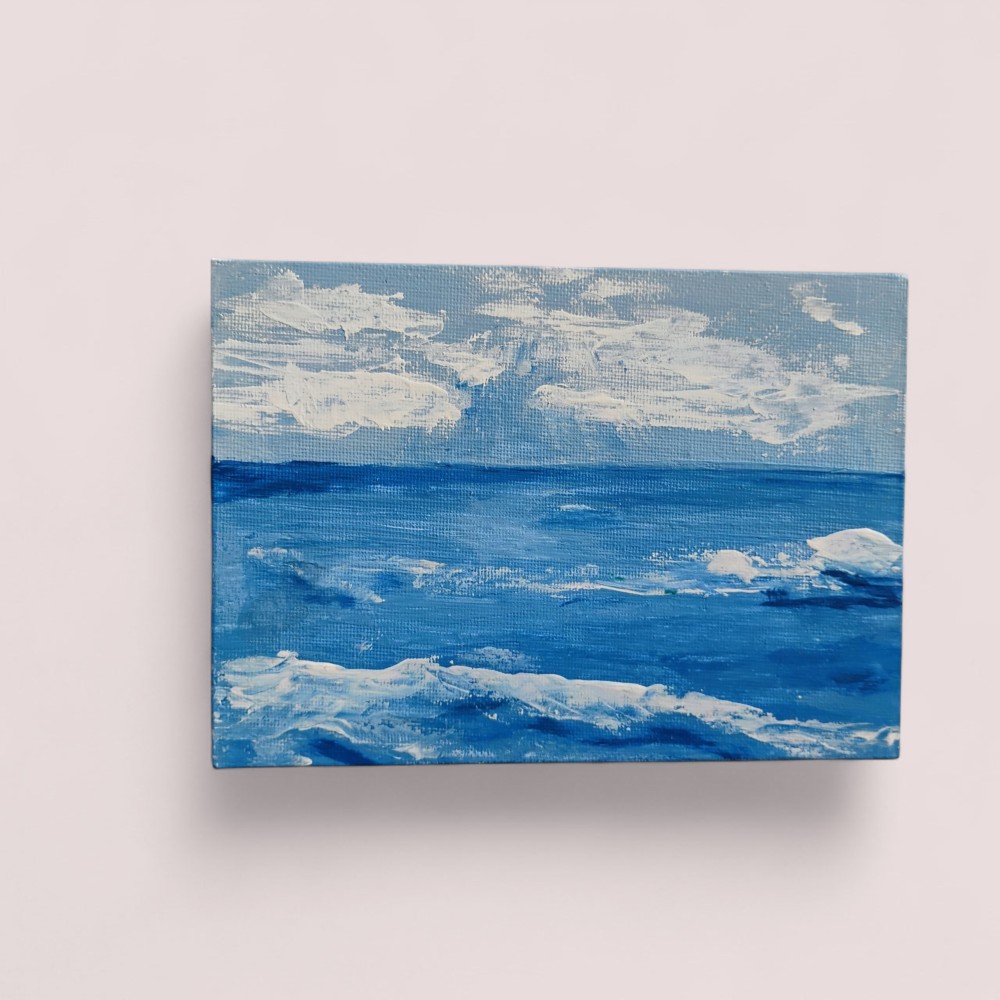 Medium: Acrylic on canvas board
Size: 13 × 18 cm / 5 × 7 in
Year: 2025
Description: A meditative flow of layered blues and whites, where motion emerges from stillness. The painting captures a quiet pulse — a moment suspended between depth and air, where color breathes and dissolves into silence.