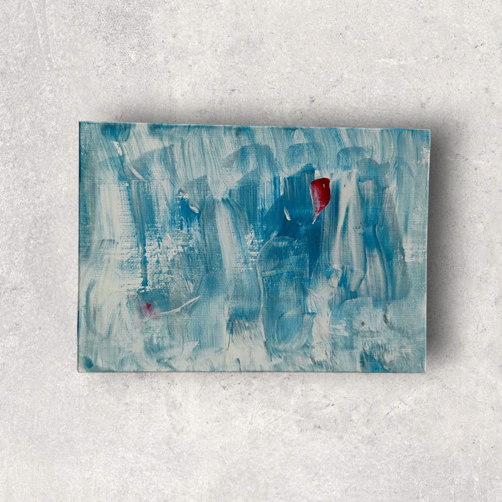 Medium: Acrylic on canvas board
Size: 13 × 18 cm / 5 × 7 in
Year: 2025
Description: A quiet abstraction where translucent layers of blue form a soft vertical rhythm. Amid gentle motion, a single red accent interrupts the calm — a pulse of presence within an atmosphere of stillness and fading light.