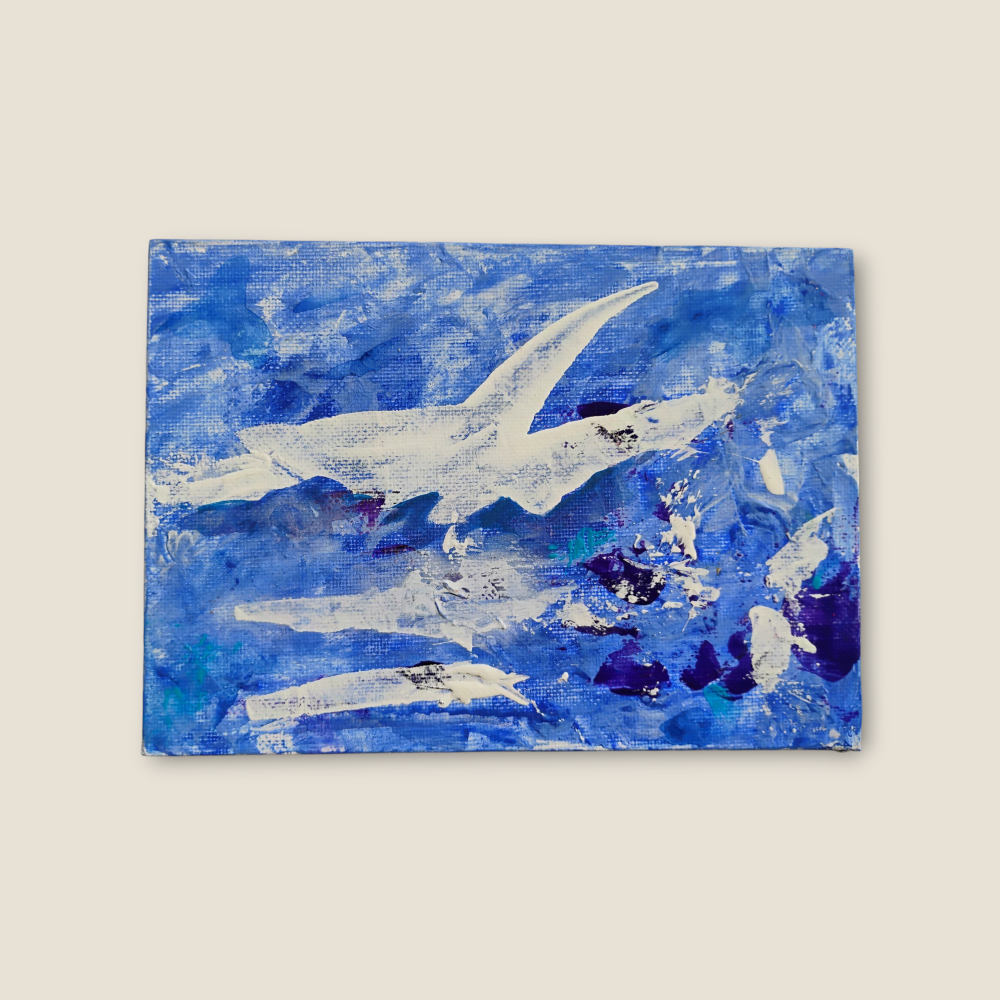 Medium: Acrylic on canvas board
Size: 13 × 18 cm / 5 × 7 in
Year: 2025
Description: A flowing abstraction in layered blues and whites, where forms emerge and dissolve within motion. The textures evoke a sense of quiet expansion — a moment where direction and stillness coexist in a single breath of color.