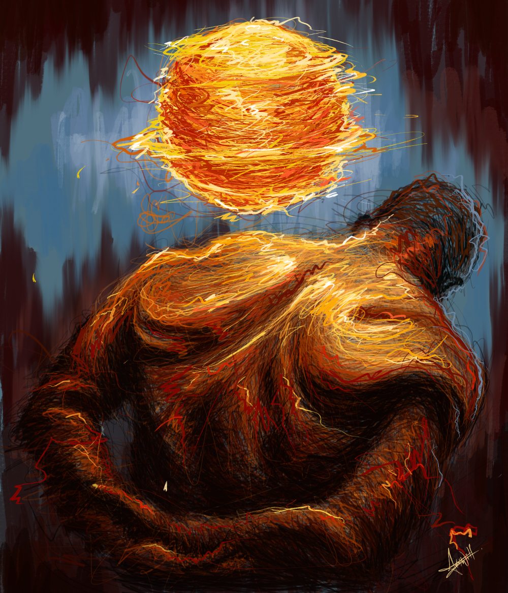 Weight is a digital scribble drawing that captures the silent struggles men carry within. The bowed figure, drawn with fiery, chaotic lines, stands beneath a burning sun, symbolizing overwhelming responsibilities, unspoken pain, and emotional pressure. The sun, essential to life yet deadly when too close, reflects the duality of masculinity: vital to others, but often destructive to the self when ignored. His fading head and tense posture speak of exhaustion, buried trauma, and the words left unsaid. This piece represents how men often reply “I’m fine” while drowning silently. Weight forms what remains hidden: grief, duty, expectations, and invites reflection on the unseen battles that shape us.