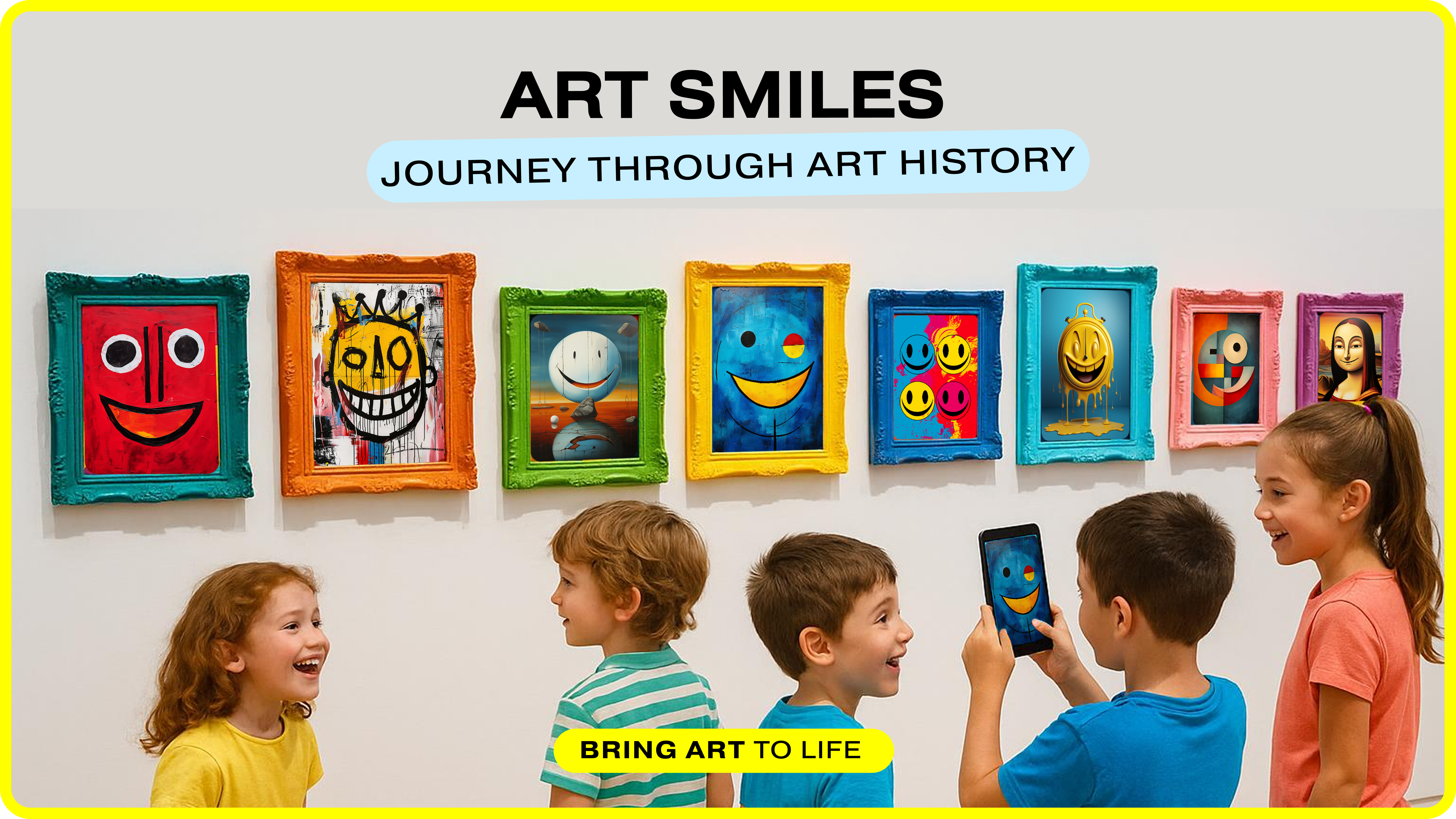 A Journey Through Art History and Styles with Art Smiles
Discover art like never before! Each Smile is inspired by a different art style Impressionism to Modernism. Scan any artwork to bring it to life with augmented reality and sound, turning each artwork into an interactive experience you can see and hear.

Art Smiles is also an award-winning card game that makes exploring art history fun and easy for all ages. 
To get the full Art Smiles Card Game experience, purchase the game at www.artgames.ai. You can scan both the physical cards and the digital cards on your computer screen using the free ArtiVive app to bring each Smile to life with augmented reality and sound.