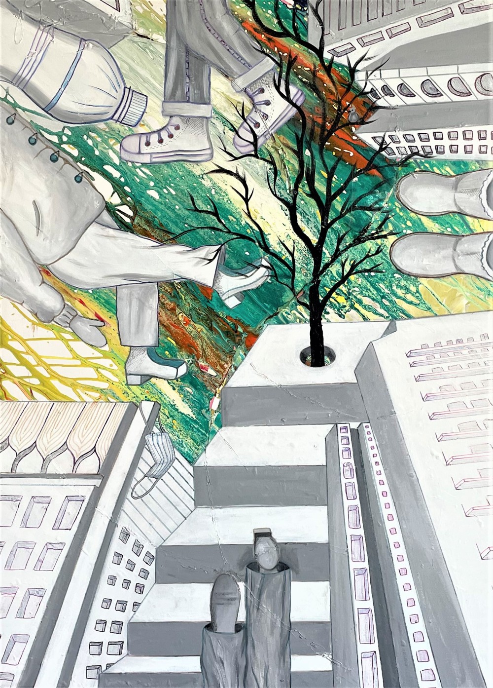 - Acrylic on canvas
- 30x40 in
- 2021
.
.
.
Cities sometimes covered by complexity and disorder. This matter causes losing the sense of belonging to the place we live which would interfere with indifference and estrangement. While we desire to excess time and space, we would be passing by with no attention. We might miss watching trees and birds in a space that is surrounded by buildings, plastics and masks.