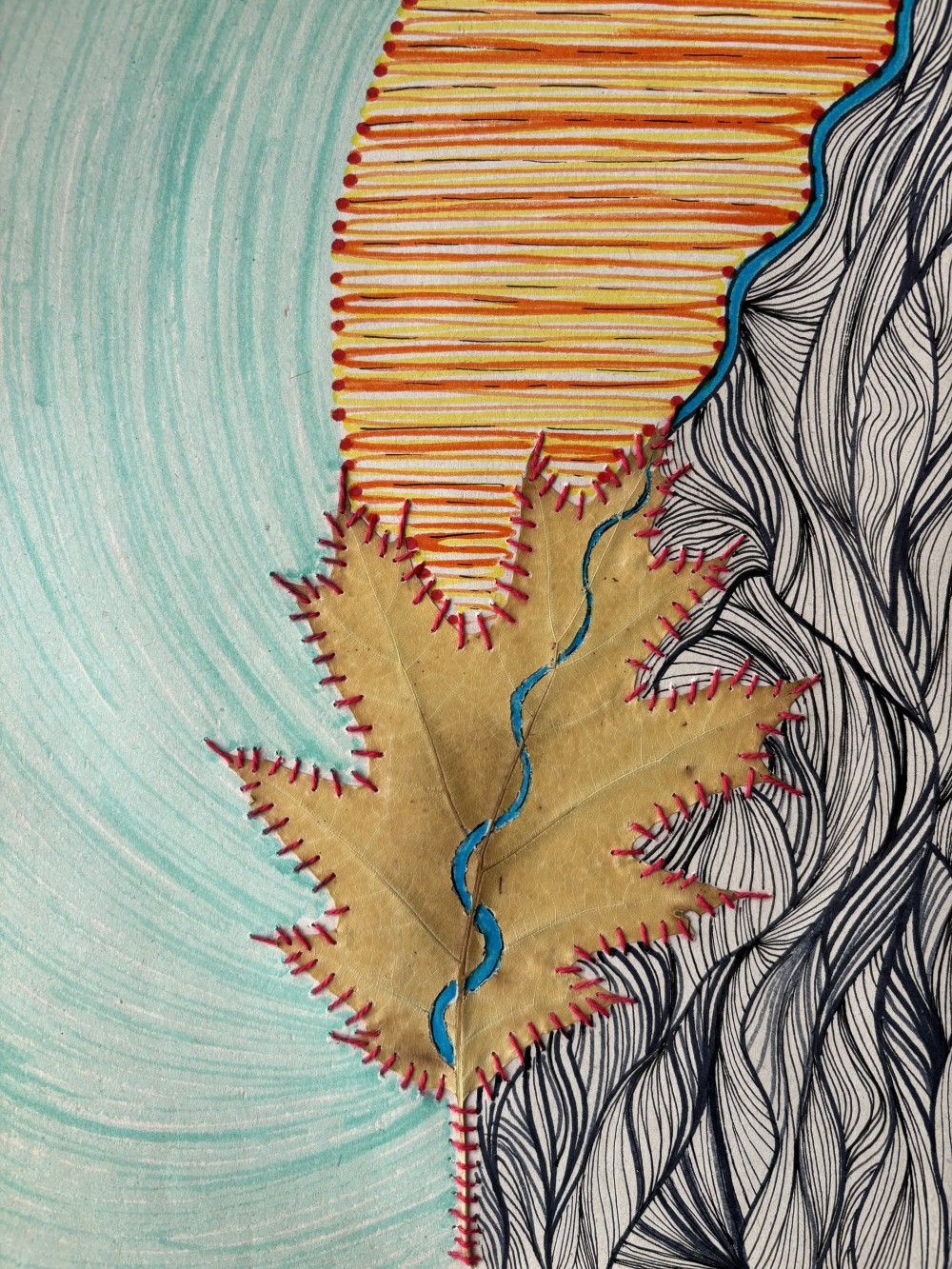 - Iberian Oak Leaf, Thread and Marker
- 11x8 in
- 2024
.
.
.
I remember the rain
It was flowed in my veins
I could reach the sky
At the edge of sun and mountain