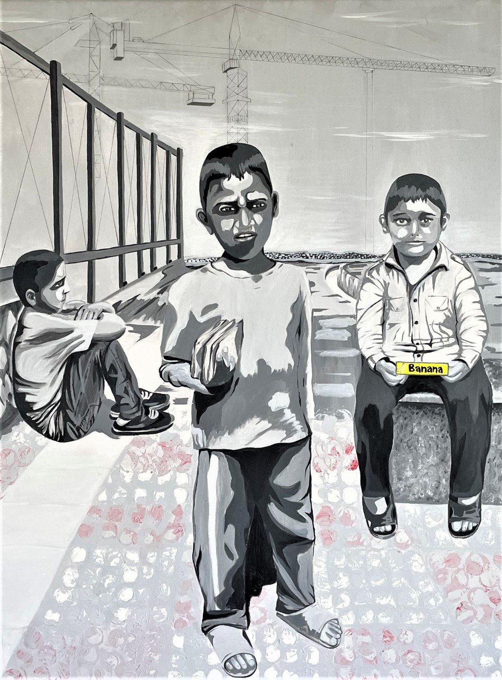 - Acrylic on canvas
- 30x36 in
- 2018
.
.
.
In a developing city, right next to a shopping center, there are three child labour who are dévastés of begging to sell their goods in a sunny day. There is no hope in their eyes for their future, not even resistance to continue.