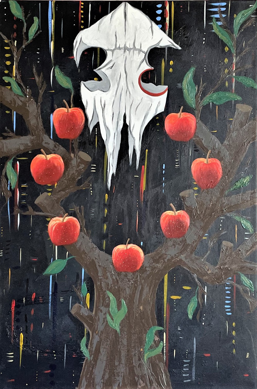 - Acrylic on canvas
- 25x37 in
- 2021
.
.
.
Between day and night, life and death, past and future, survival and extinction, the last apple remains. This time not to be expelled from heaven to the earth, but to end life on the earth. Extinction is not far from this apple. In this painting, seven apples symbolizes the seven heavens mentioned in the holy books, and metaphorically the “eighth apple” in the eye of the skull which is missed, symbolizes the death of nature.