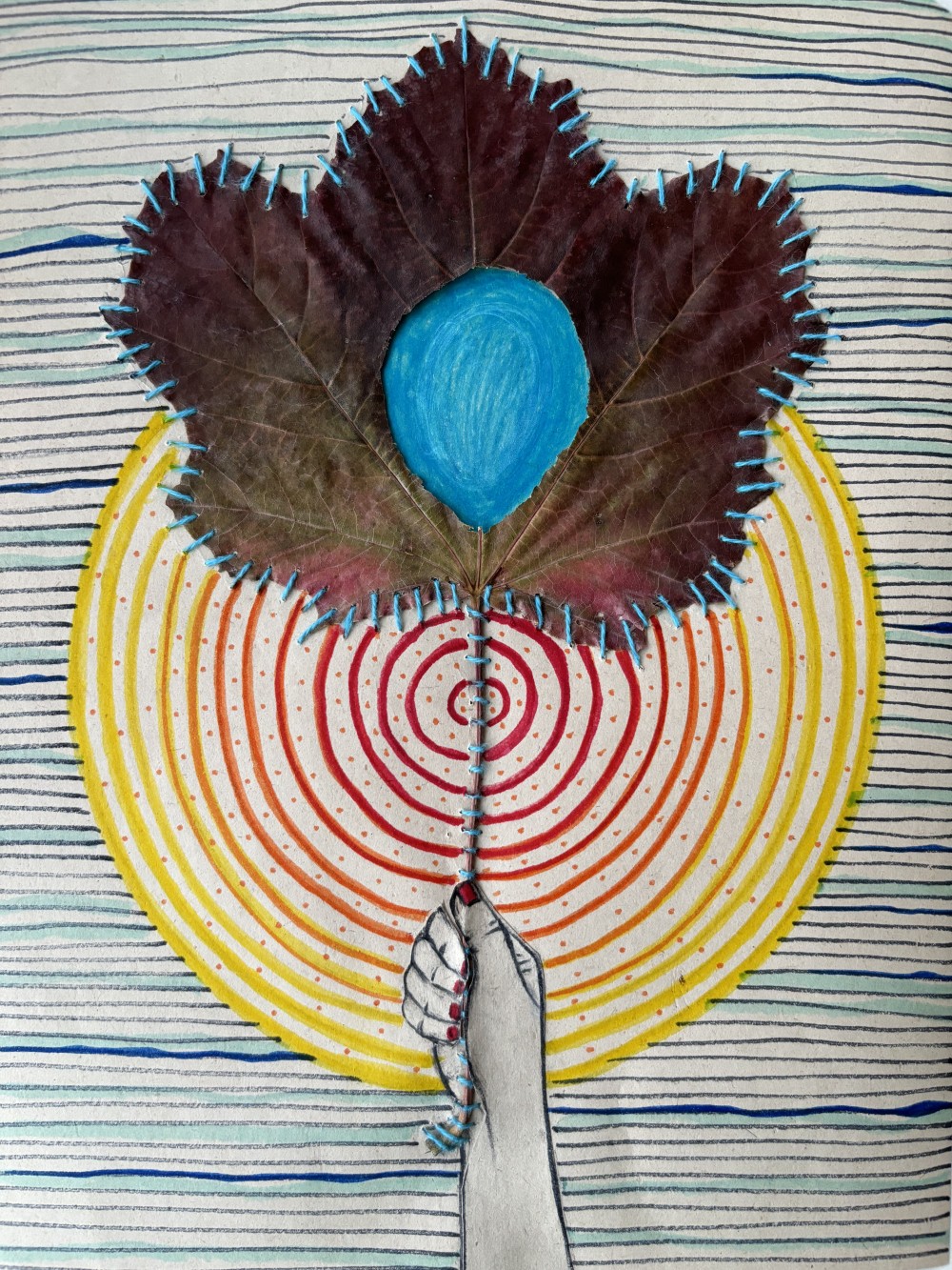 - Maple Leaf, Kraft paper, Thread and - Marker
- 11x8 in
- 2024
.
.
.
I remember your dreams
I hold your hand to reach
You were so weightless
And you were gone close to your dreams