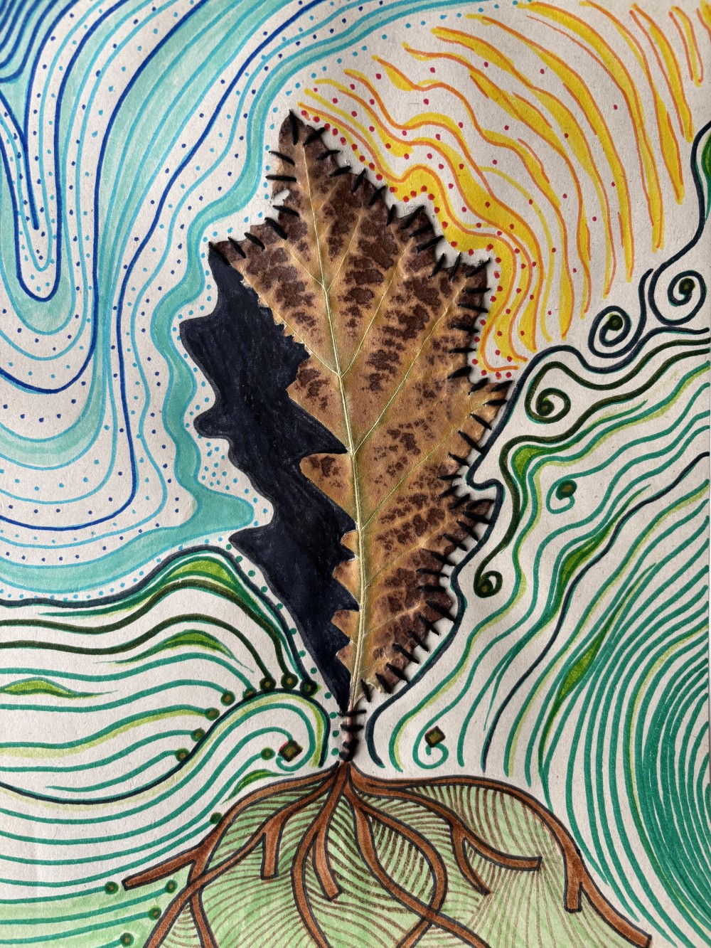 - Oak Leaf, Thread and Marker
- 11x8 in
- 2024
.
.
.
I remember the time
I was standing strong
My roots were my pride
And I was in dance with sun