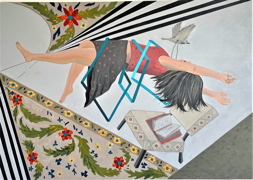 - Acrylic on canvas
- 30x40 in
- 2021
.
.
.
The experience of displacement, desirable or undesirable, creates a floating state of mind which is intertwined with the memory and dream of the homeland. You become another version of yourself by adopting the rhythm of the present and sustaining the memories of the past. A desire for freedom relates to us genuinely. But there are boundaries to be weightless, free and disconnected from time and place. So, you let your fantastical bird takes you to the timeless and placeless of mind, where the distance has no longer meaning.