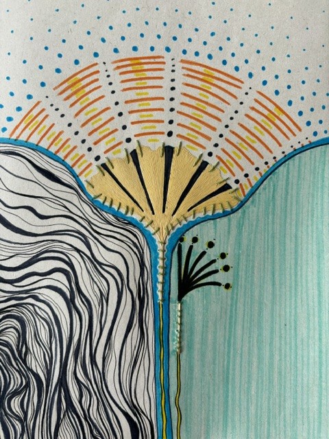 - Ginkgo Leaf, Thread and Marker
- 11x8 in
- 2024
.
.
.
I remember my soul
Stay behind the seas
Again I grow my roots
In a new blue sea