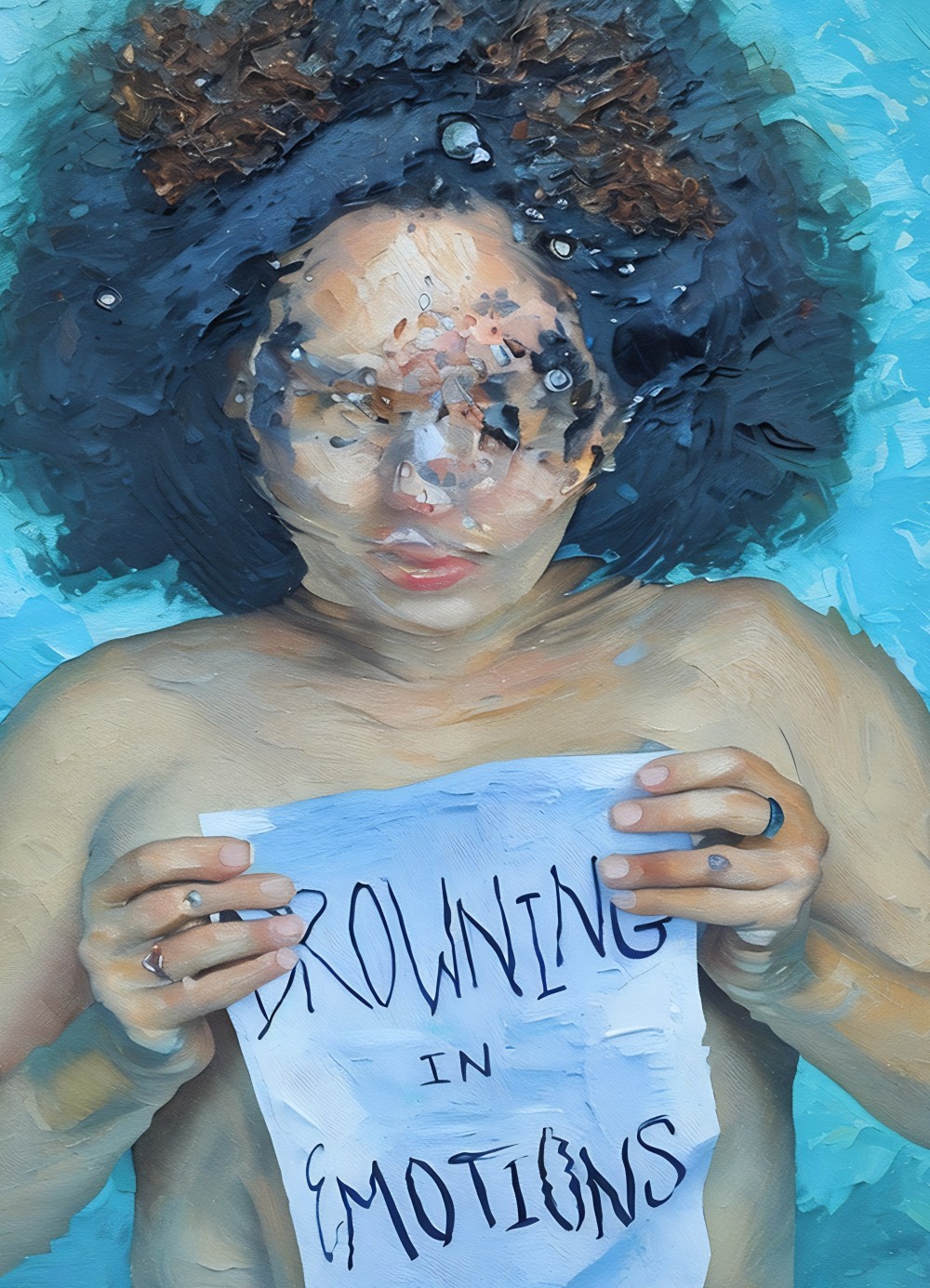"Drowning In Emotions" is about the suffocating and overwhelming feelings women struggle with. I tend to bottle my emotions until I feel like I am literally drowning in them and need to come up for air. Not everyone is taught how to properly process their emotions. This is a depiction of my personal struggle in learning how to better handle and process my internal world.
