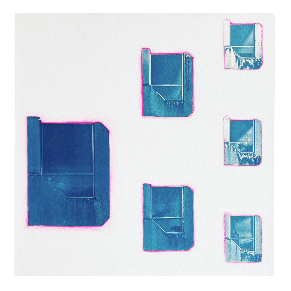 20 x 20 cm 
Cyanotype, watercolor paints, watercolor paper, masonite board, rear wooden frame 2025