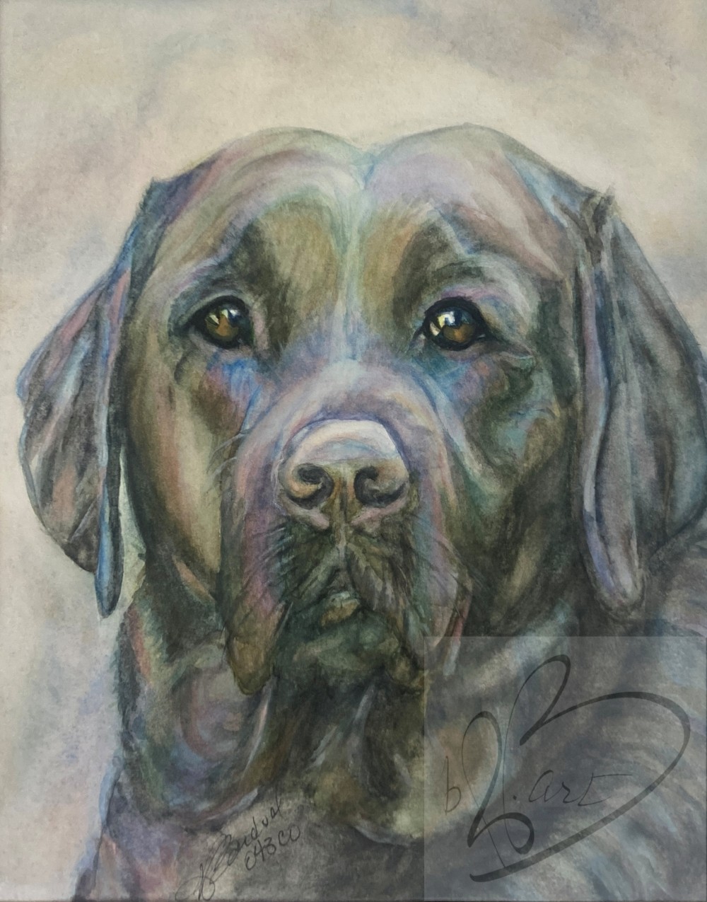 "Bestie" is 9 " x 12" on 140 lb. Cold Pressed Cotton Paper. This was a commissioned work.  I enjoyed diving deeply into the eyes to capture the loyalty and love of  a best friend.