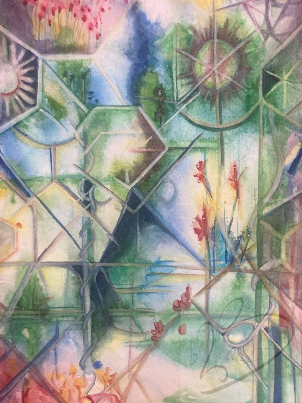 "Refracted Joy” is 9” x 12" watercolor, on 120 lb. Cold Pressed Cotton Paper.  This painting evolved spontaneously as I worked with the feeling of joy and the complexity of life. The pinks and greens set the tone for multiple mini scenes that traverse the beautiful in life even during the challenges.  Showing beauty in the simple colors of stillness.