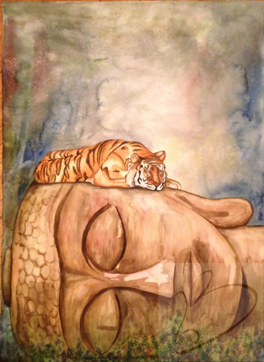 "Power and Peace" is 30” x 40" watercolor, on 140 lb. Cold Pressed Cotton Paper.  The combination of images has personal connection with the tiger part of my martial arts training and the Buddha a part of my yoga journey.