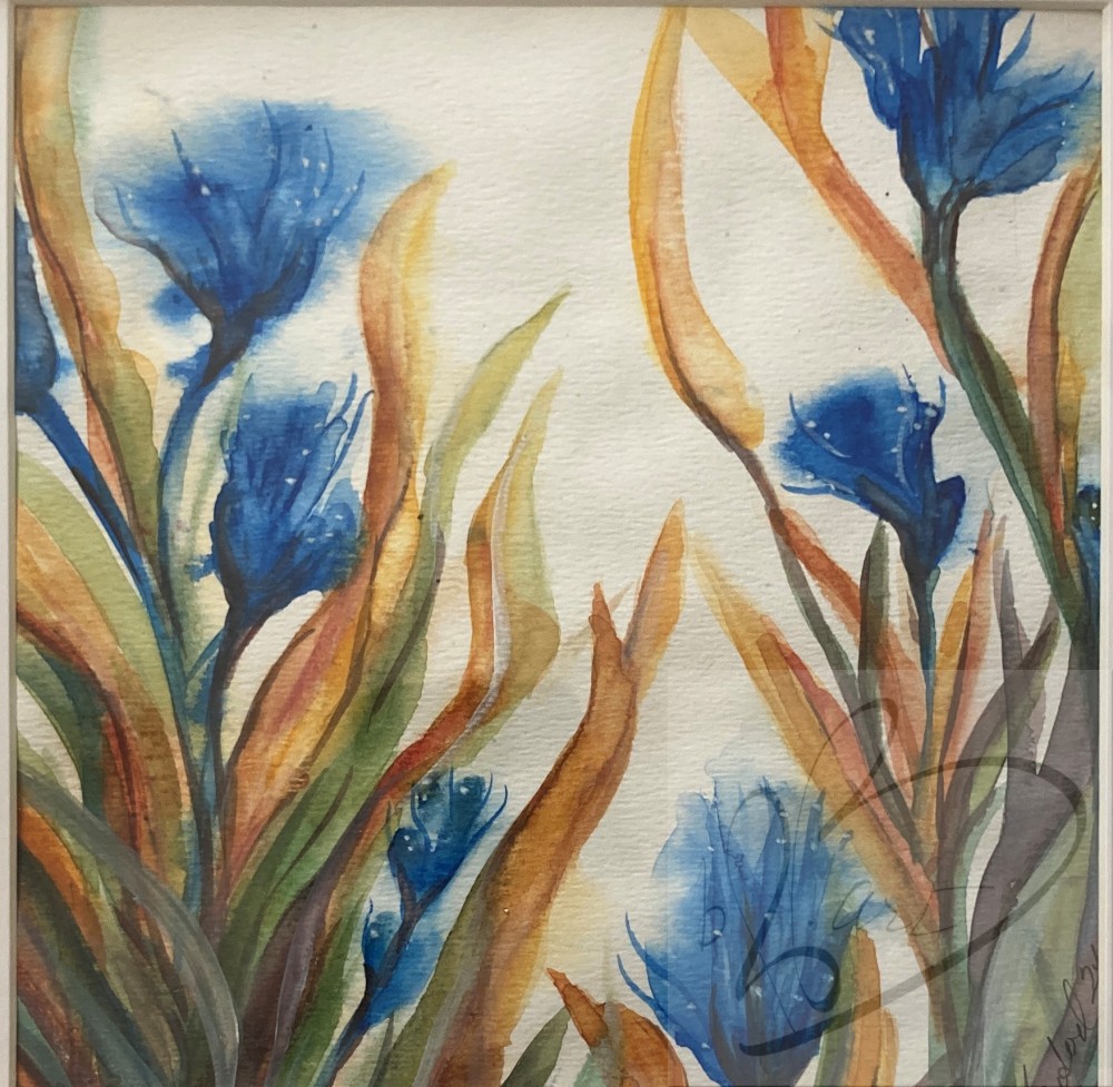 "Blue Anemone” is 9” x 9" watercolor, on 120 lb. Cold Pressed Cotton Paper. Inspired by on of my favorite flowers, this painting has a feeling of watery movement, in keeping with the name anemone, which I love. Although it was not pre-planned, I like how the blue and orange keep the eyes in motion adding to the feeling of being under water.