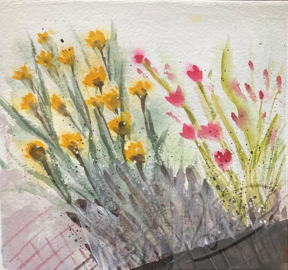 "Joy and Love" Original Watercolor Painting is 9” x 9" watercolor, on 120 lb. Cold Pressed Cotton Paper. Inspired by spring and sunshine with the pink to evoke the joyful expectancy of summer.