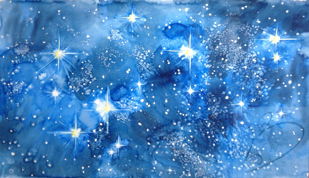 "Seven Sisters" is 14” x 24" watercolor, on 120 lb. Cold Pressed Cotton Paper.  The Pleiades, constellation reminds me of winter nights with my dad.  And is also called the Seven Sisters.  Coming from a large family of which I do have seven sisters, this is a personal favorite. I had the most fun bringing out the larger stars and creating the depth of the constellation with so many layers!