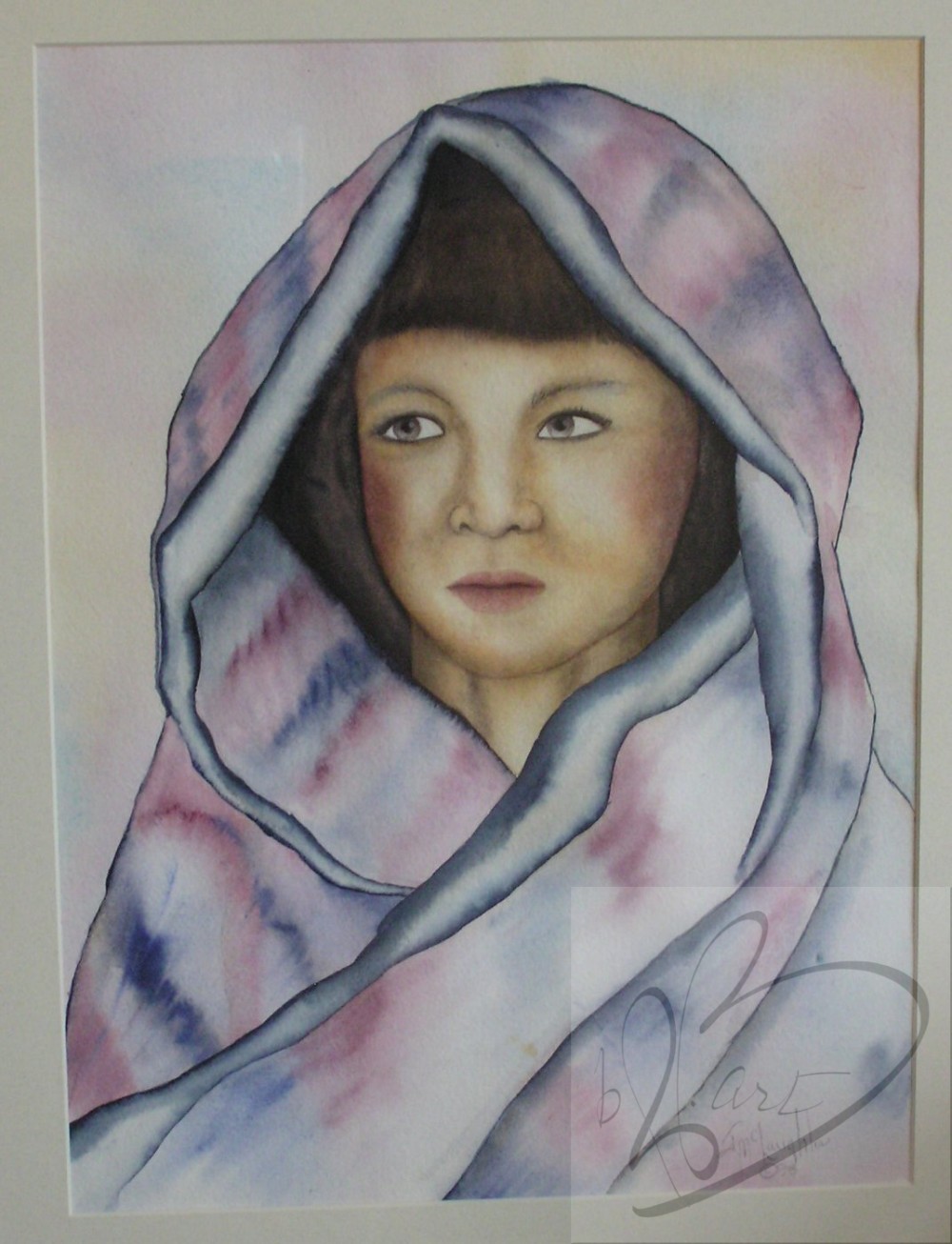 "Missing You” is 16” x 24" watercolor, on 140 lb. Cold Pressed Cotton Paper.  Distance is within the gaze of this young one. His blanket may be warm but doesn’t have that comforting sense which is in keeping with his gaze.