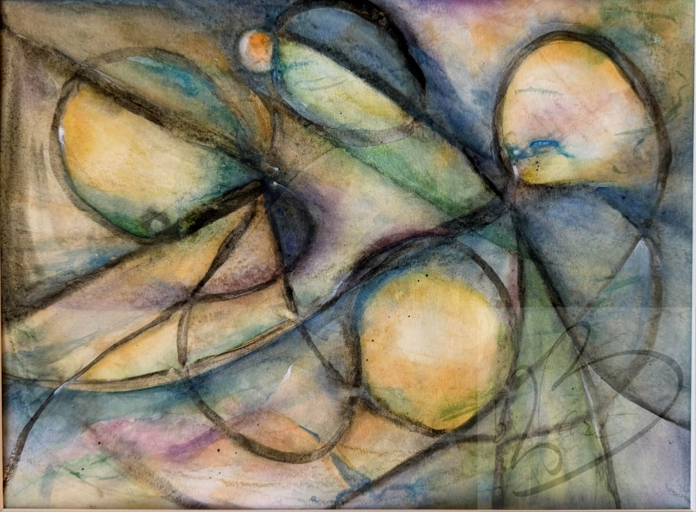 "Quietly Building a Life” Original Watercolor Painting 
"Quietly Building a Life” s 9” x 12" watercolor, on 120 lb. Cold Pressed Cotton Paper. The transformation of this work from its beginning of bold lines, was a beautiful experience.  I wonder if you also experience a pull from this creation.  I get a sense of light through glass combined with three-dimensional shapes that could be magical creatures… gently pulling things together.