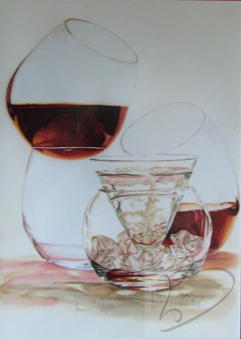 "Fire on Ice" is 14” x 24" watercolor, on 140 lb. Cold Pressed Cotton Paper.  A goal of capturing light through glass with the brandy and ice an added dimension of interest.  There are many ideas that could be applied to this image…what feeling does it evoke for you?